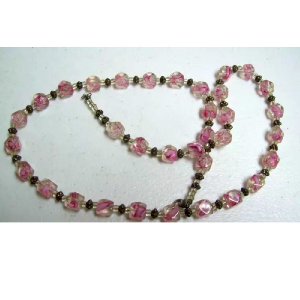 Vintage PINK & Clear LATTICINO Glass Necklace